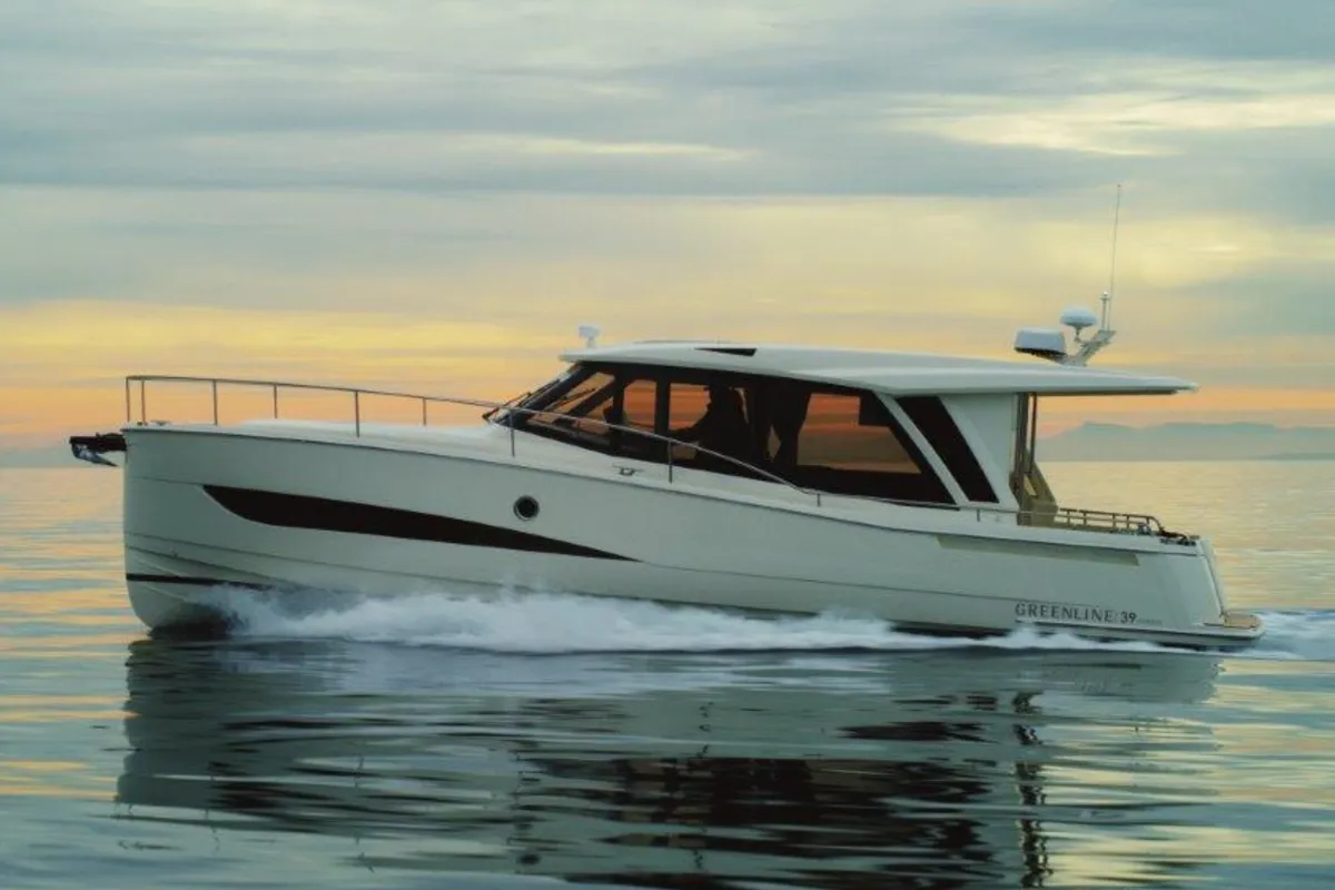 Exterior view of Helgeroa, a Greenline 39 motor yacht at Porsgrunn, Norway