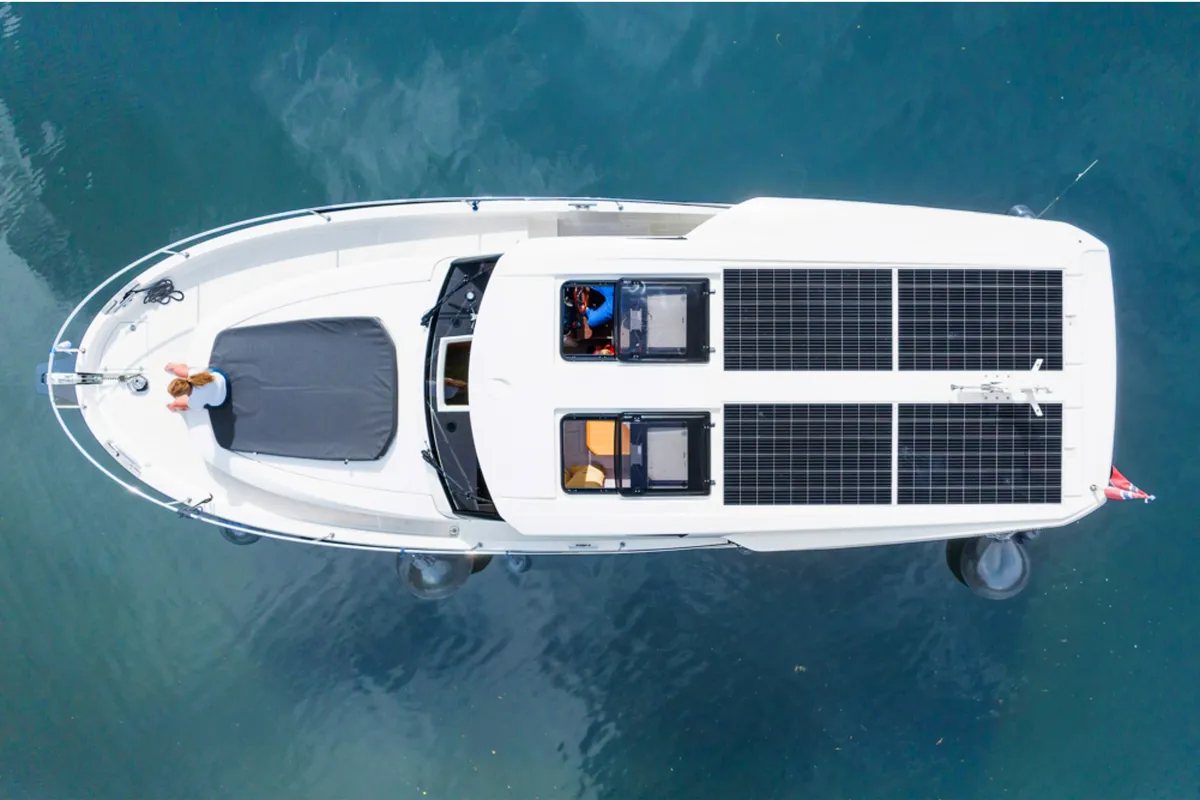 Exterior view of Helgeroa, a Greenline 39 motor yacht at Porsgrunn, Norway