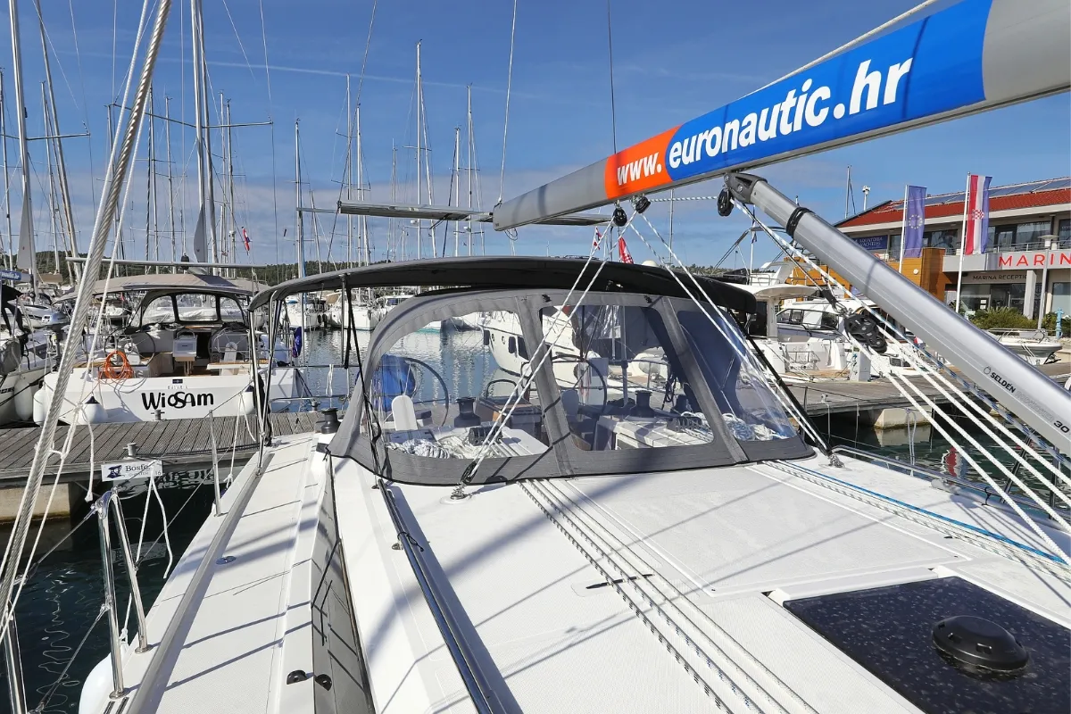 Deck of Summertime, a Bavaria C42 sailboat at Pirovac, Croatia