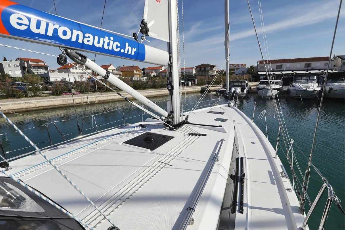 Deck of Summertime, a Bavaria C42 sailboat at Pirovac, Croatia