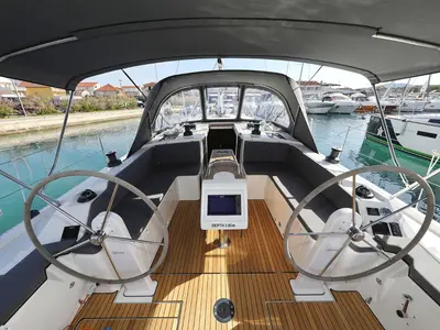 Cockpit of Summertime, a Bavaria C42 sailboat at Pirovac, Croatia