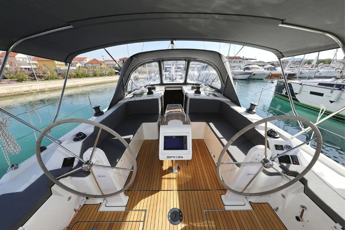 Cockpit of Summertime, a Bavaria C42 sailboat at Pirovac, Croatia