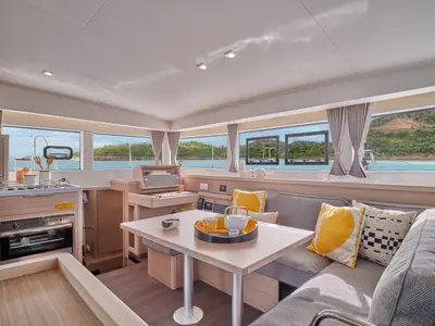 Salon of Pussycat, a Lagoon 40 catamaran at Roche Caiman, Seychelles