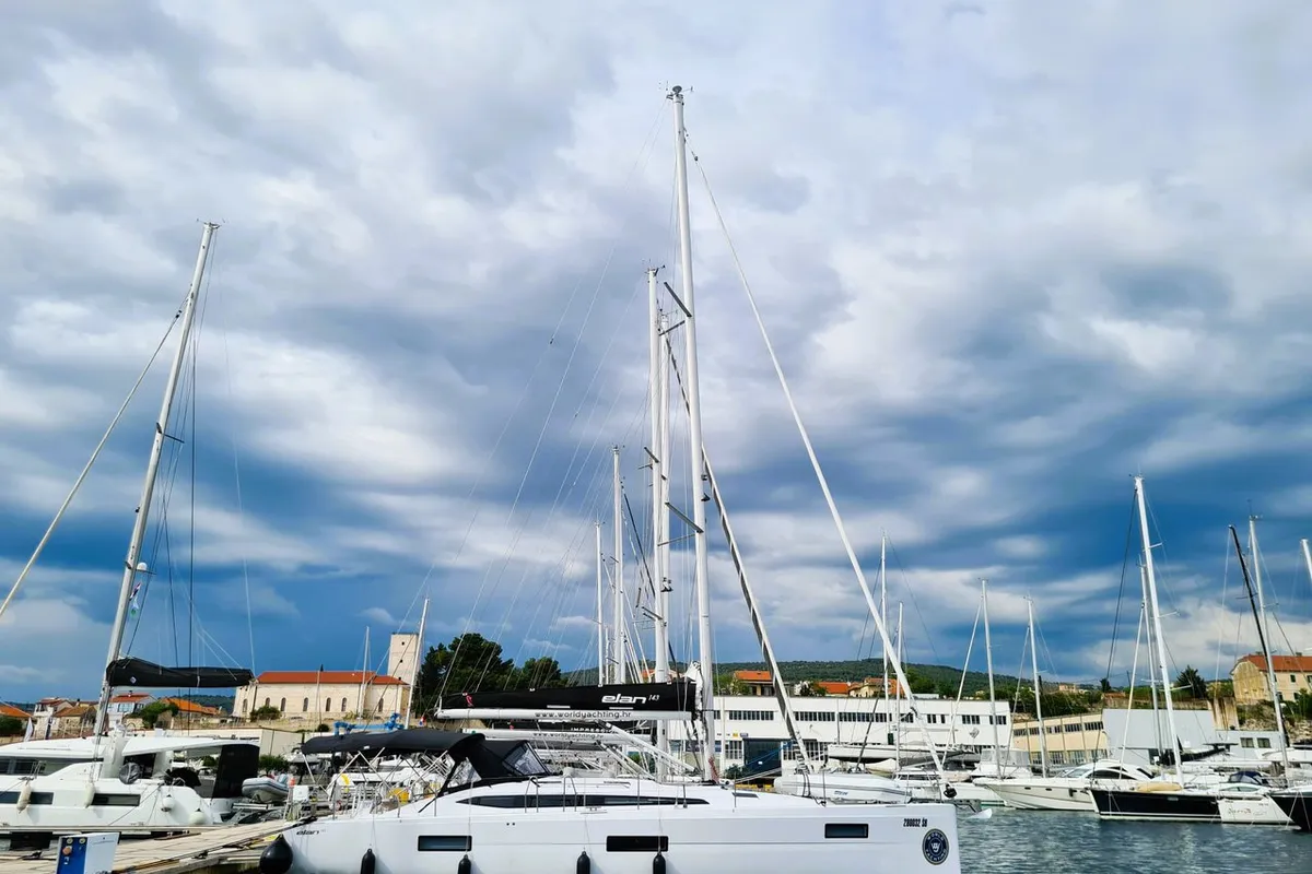 Exterior view of Hangover, a Elan Impression 45 sailboat at Šibenik, Croatia