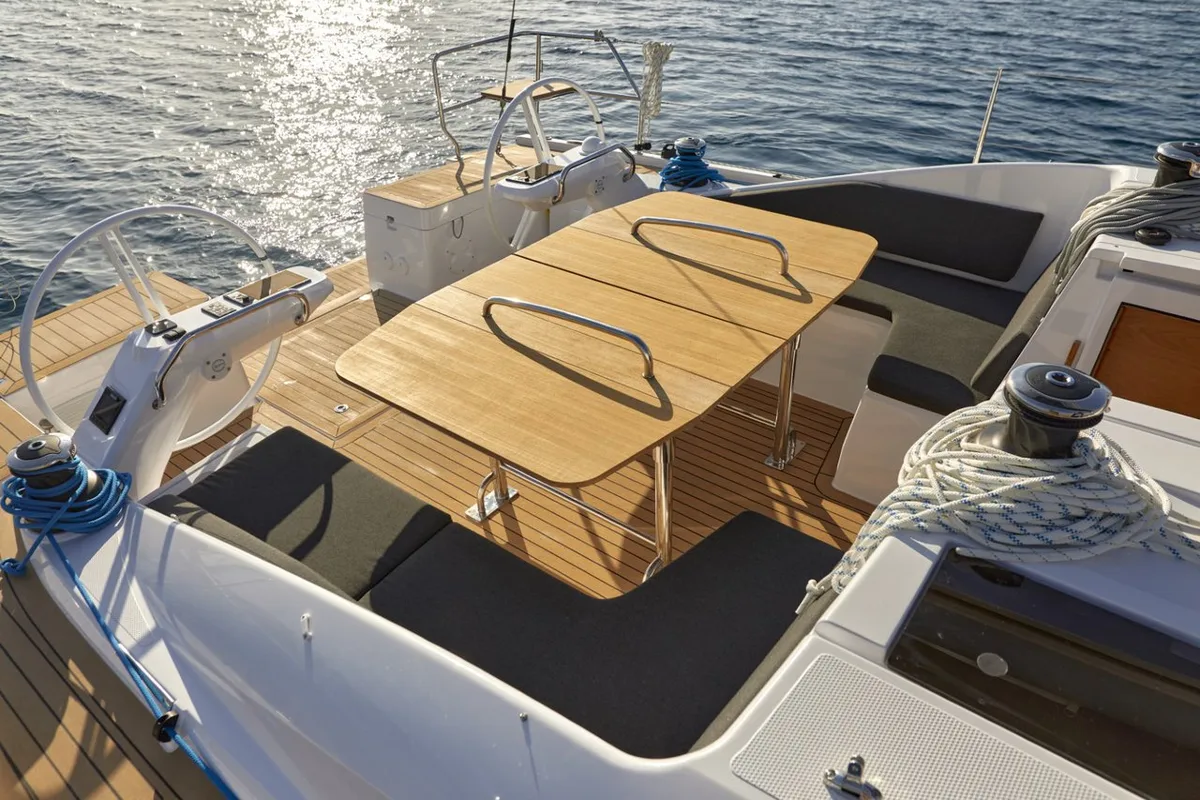 Deck of Hangover, a Elan Impression 45 sailboat at Šibenik, Croatia