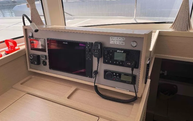 Cockpit of Aventura, a Lagoon 42 OW catamaran at Ventimiglia, Italy