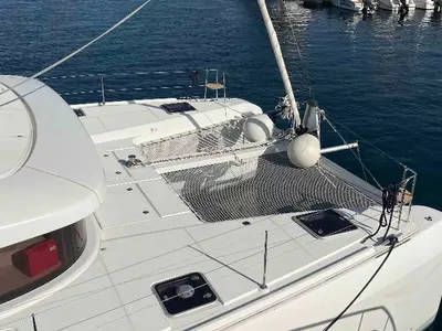 Deck of Aventura, a Lagoon 42 OW catamaran at Ventimiglia, Italy
