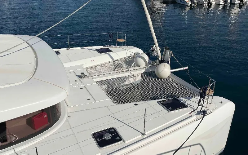 Deck of Aventura, a Lagoon 42 OW catamaran at Ventimiglia, Italy