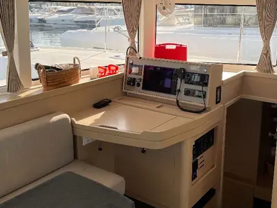 Cockpit of Aventura, a Lagoon 42 OW catamaran at Ventimiglia, Italy