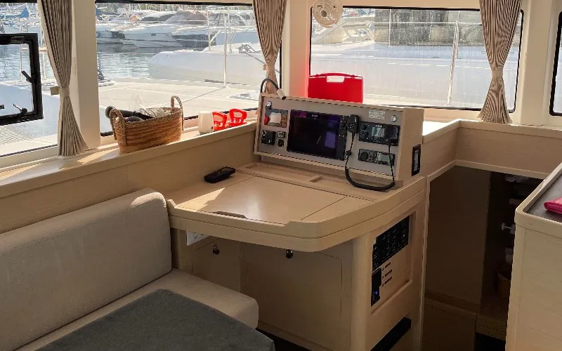 Cockpit of Aventura, a Lagoon 42 OW catamaran at Ventimiglia, Italy