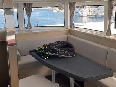 Salon of Aventura, a Lagoon 42 OW catamaran at Ventimiglia, Italy