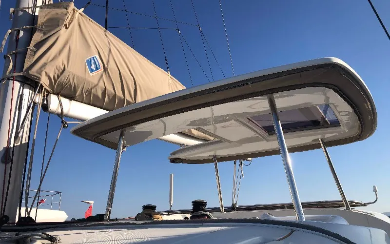 Deck of Aventura, a Lagoon 42 OW catamaran at Ventimiglia, Italy