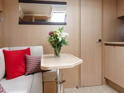 Salon of Ostwind, a Bavaria SR36 Open Top motor yacht at Cala Egos, Spain
