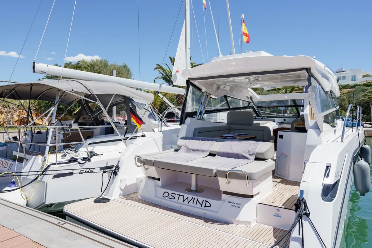 Exterior view of Ostwind, a Bavaria SR36 Open Top motor yacht at Cala Egos, Spain