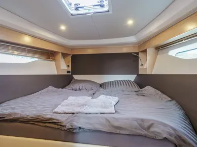 Cabin on Ostwind, a Bavaria SR36 Open Top motor yacht at Cala Egos, Spain