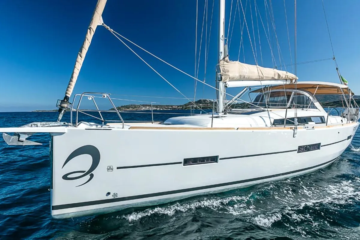 Exterior view of Gavi, a Dufour 412 Grand large sailboat at Olbia, Italy