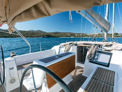 Cockpit of Gavi, a Dufour 412 Grand large sailboat at Olbia, Italy