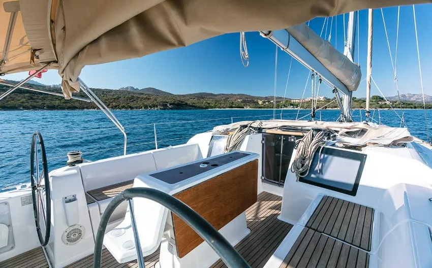 Cockpit of Gavi, a Dufour 412 Grand large sailboat at Olbia, Italy