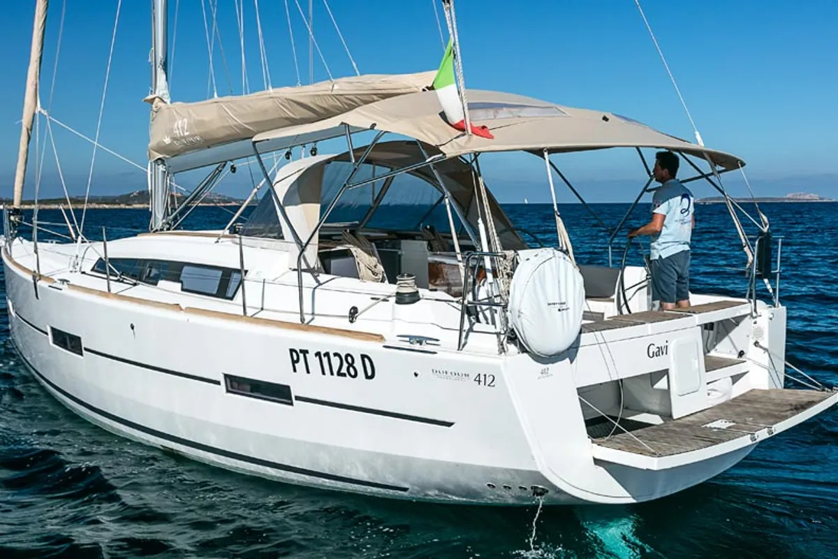 Exterior view of Gavi, a Dufour 412 Grand large sailboat at Olbia, Italy