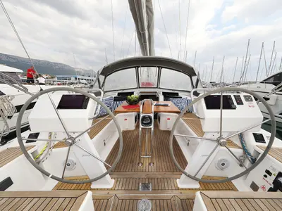 Cockpit of Bare Necessities, a Hanse 455 sailboat at Grad Kaštela, Croatia