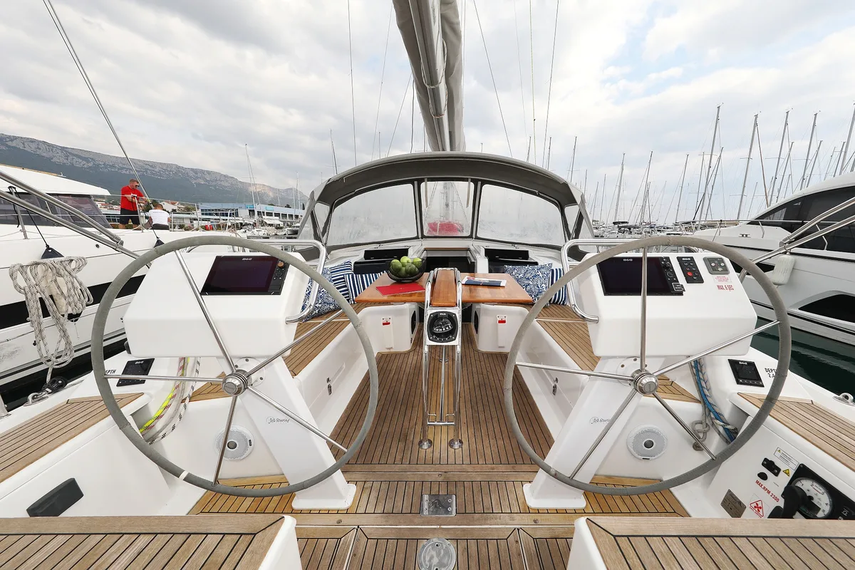 Cockpit of Bare Necessities, a Hanse 455 sailboat at Grad Kaštela, Croatia