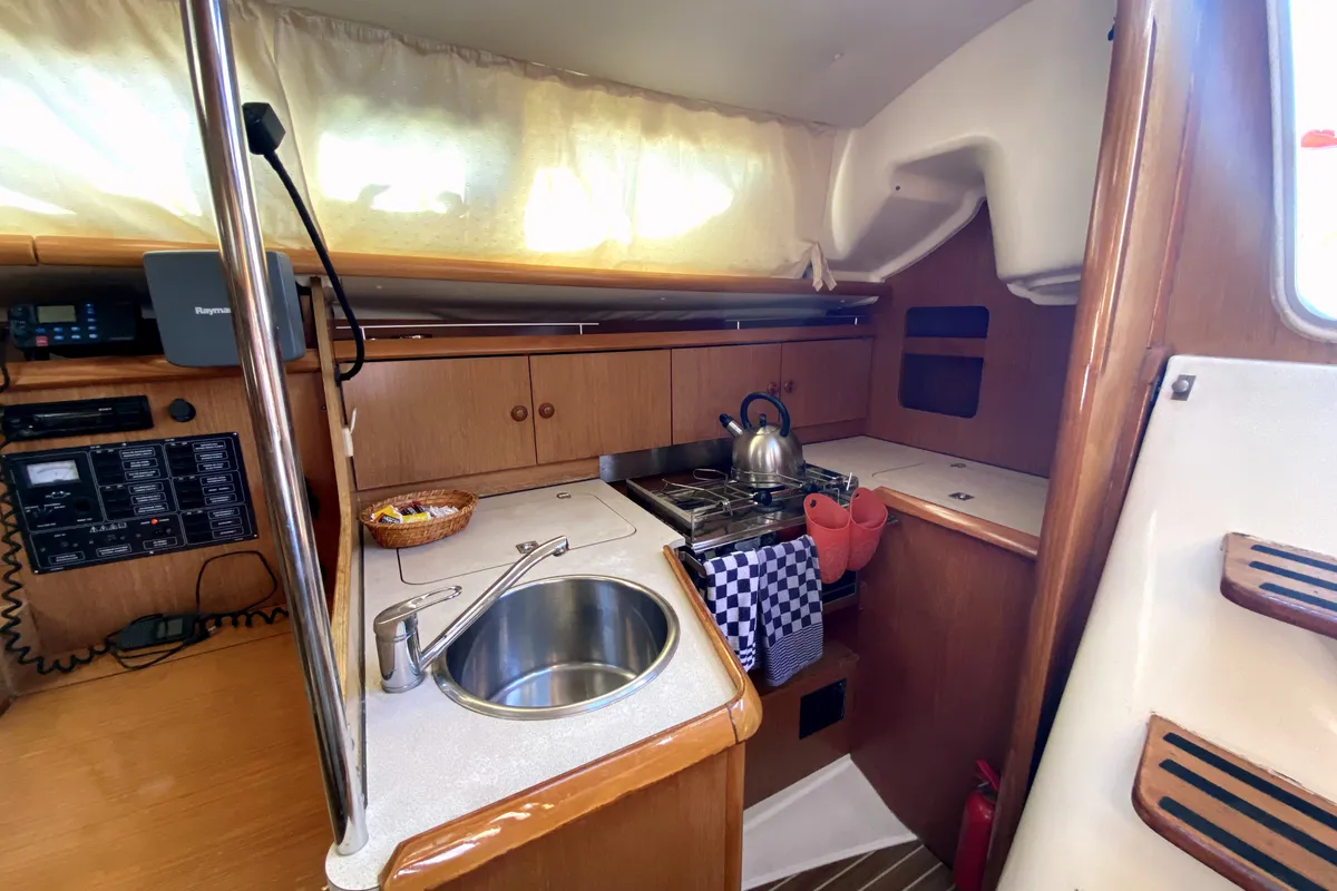 Galley of Zarif, a Jeanneau Sun Odyssey 32 sailboat at Fethiye, Turkey