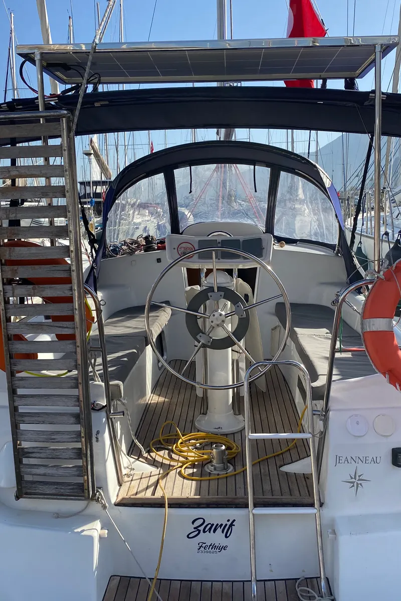 Cockpit of Zarif, a Jeanneau Sun Odyssey 32 sailboat at Fethiye, Turkey