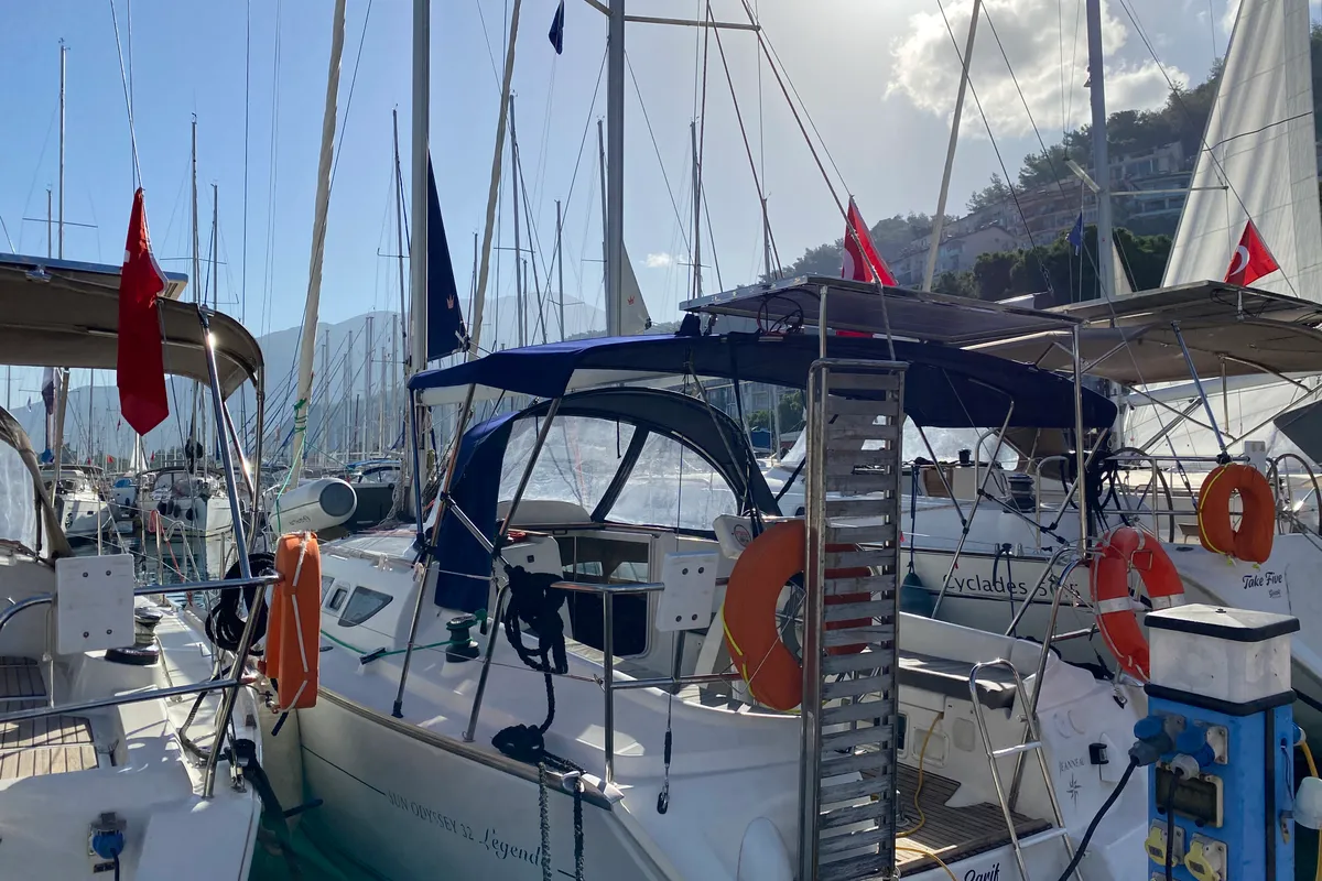 Exterior view of Zarif, a Jeanneau Sun Odyssey 32 sailboat at Fethiye, Turkey
