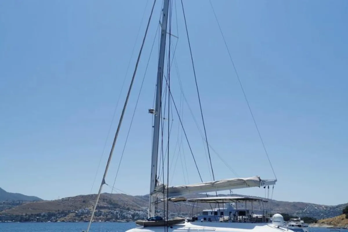 Exterior view of Camaron, a Lagoon 620 catamaran at Bodrum, Turkey