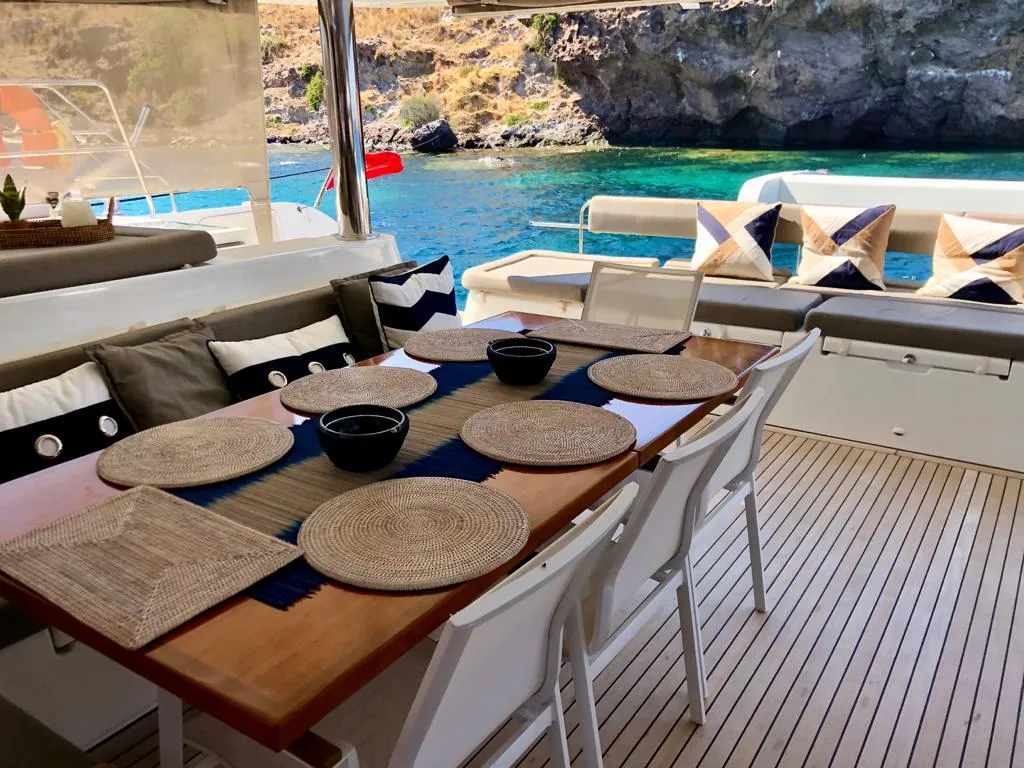Deck of Camaron, a Lagoon 620 catamaran at Bodrum, Turkey