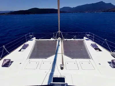 Deck of Camaron, a Lagoon 620 catamaran at Bodrum, Turkey