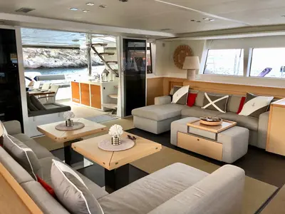Salon of Camaron, a Lagoon 620 catamaran at Bodrum, Turkey