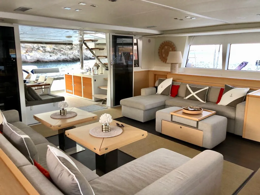Salon of Camaron, a Lagoon 620 catamaran at Bodrum, Turkey