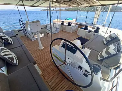 Cockpit of Camaron, a Lagoon 620 catamaran at Bodrum, Turkey