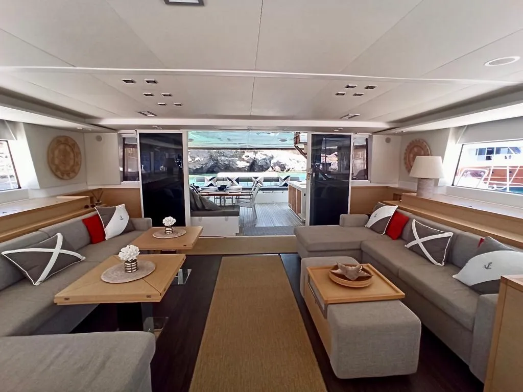 Salon of Camaron, a Lagoon 620 catamaran at Bodrum, Turkey