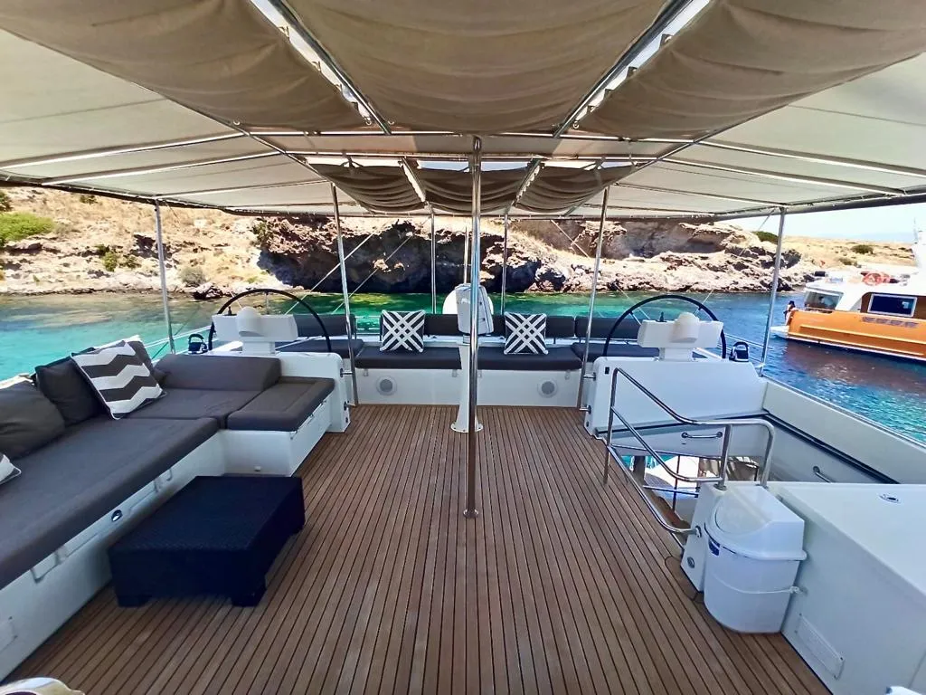 Cockpit of Camaron, a Lagoon 620 catamaran at Bodrum, Turkey