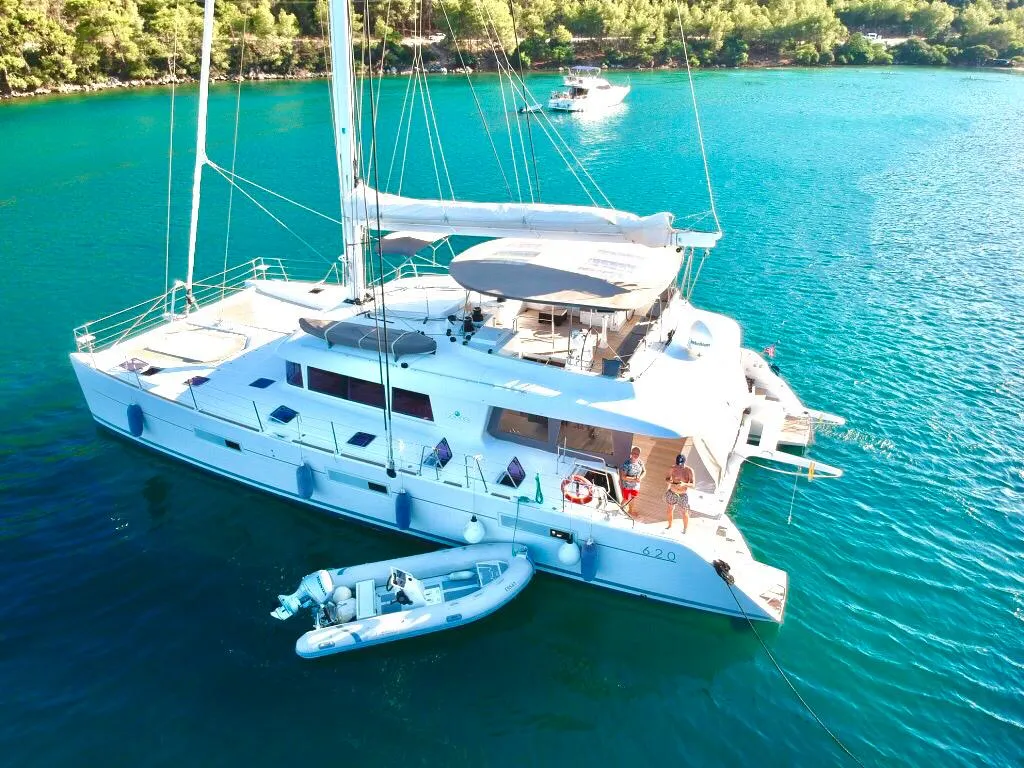 Exterior view of Camaron, a Lagoon 620 catamaran at Bodrum, Turkey