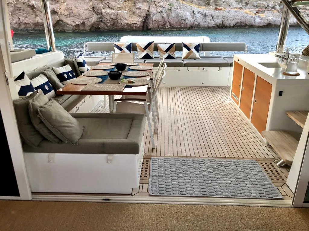 Deck of Camaron, a Lagoon 620 catamaran at Bodrum, Turkey
