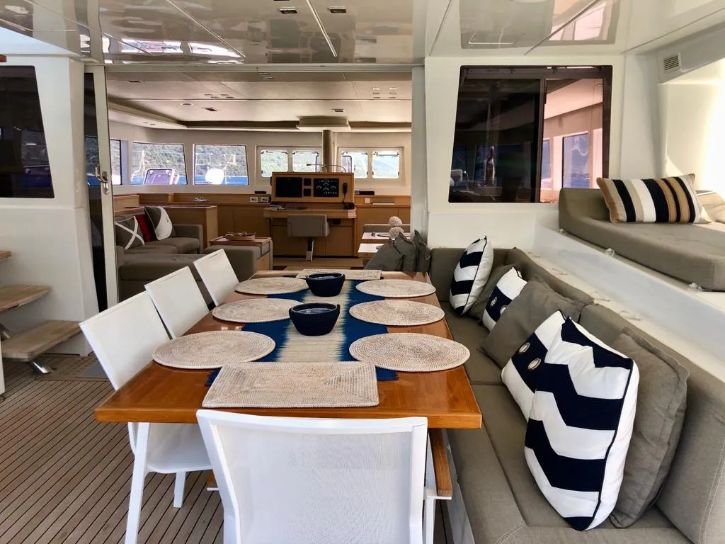 Deck of Camaron, a Lagoon 620 catamaran at Bodrum, Turkey