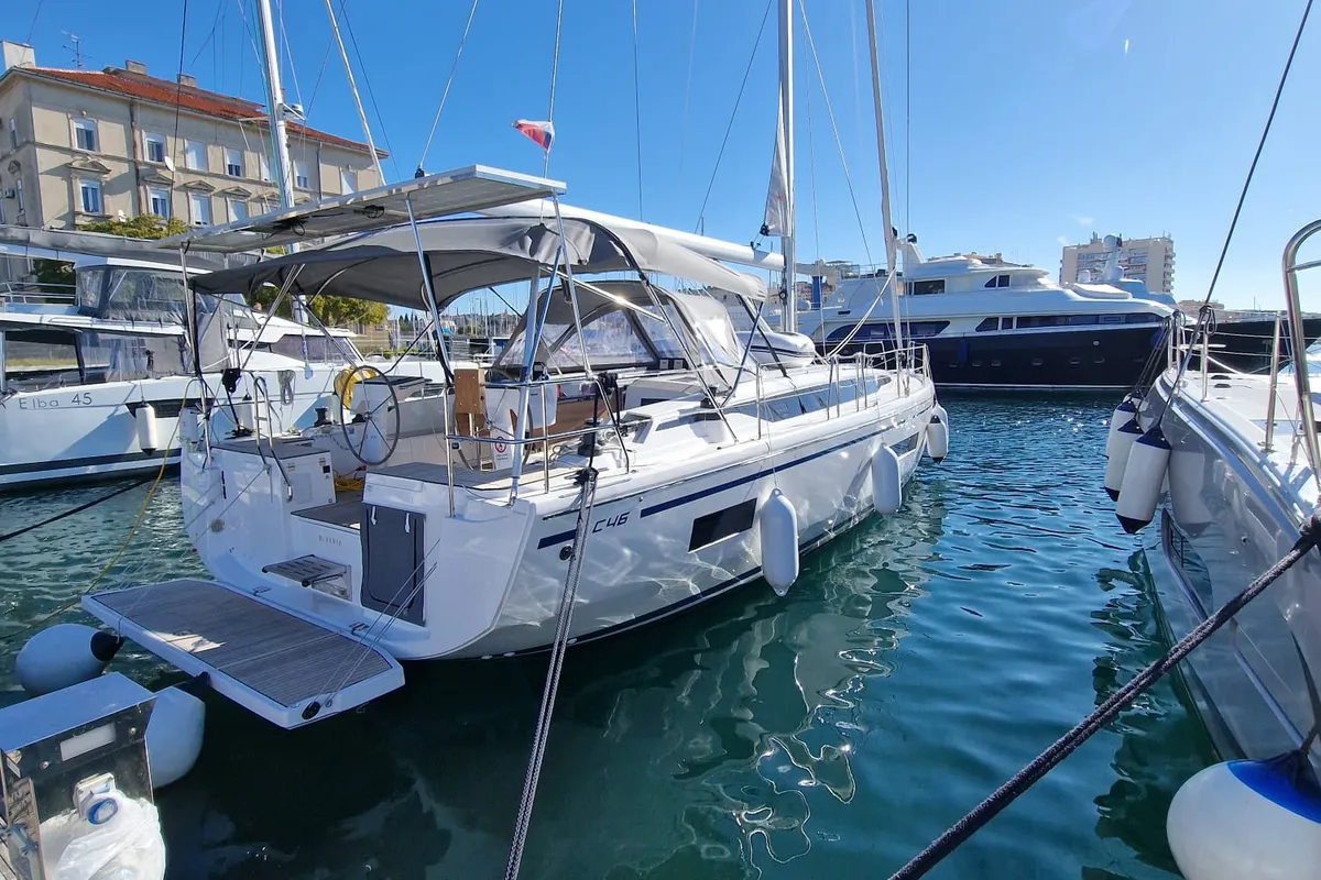 Exterior view of Eileen, a Bavaria C46 sailboat at Zadar, Croatia