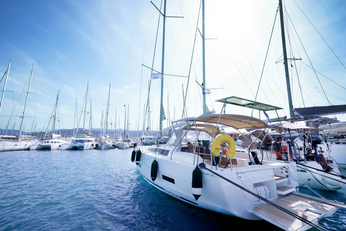 Exterior view of Blue Dream, a Dufour 390 sailboat at Municipal Unit of Lefkada, Greece