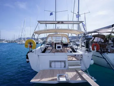 Cockpit of Blue Dream, a Dufour 390 sailboat at Municipal Unit of Lefkada, Greece