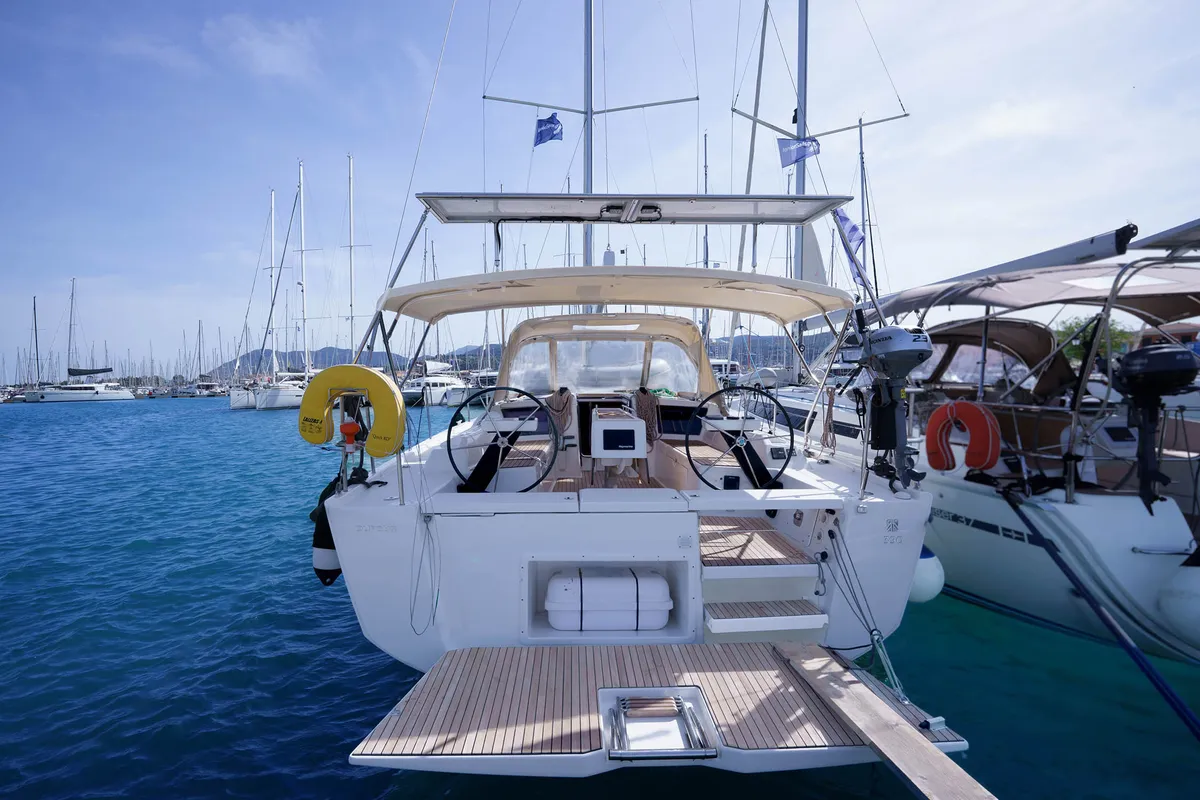 Cockpit of Blue Dream, a Dufour 390 sailboat at Municipal Unit of Lefkada, Greece