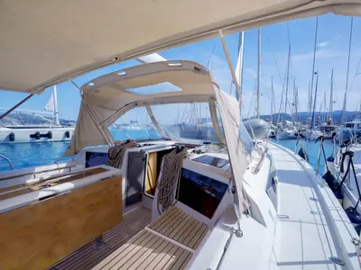 Deck of Blue Dream, a Dufour 390 sailboat at Municipal Unit of Lefkada, Greece