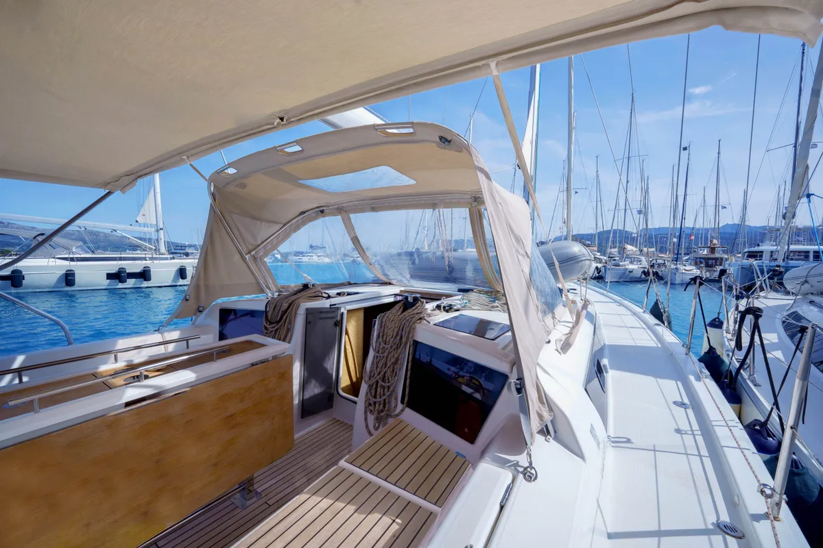 Deck of Blue Dream, a Dufour 390 sailboat at Municipal Unit of Lefkada, Greece