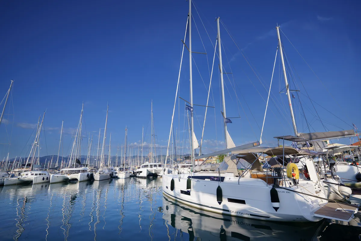 Exterior view of Blue Dream, a Dufour 390 sailboat at Municipal Unit of Lefkada, Greece