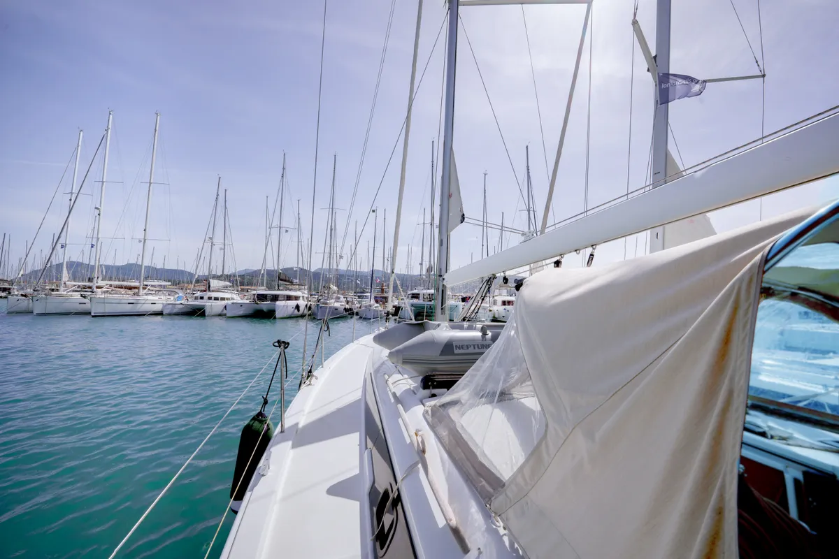 Deck of Blue Dream, a Dufour 390 sailboat at Municipal Unit of Lefkada, Greece