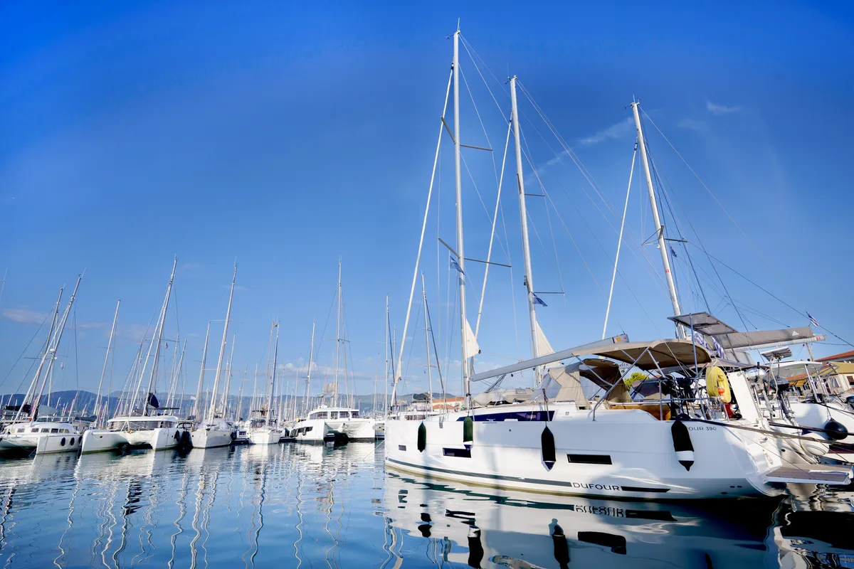 Exterior view of Blue Dream, a Dufour 390 sailboat at Municipal Unit of Lefkada, Greece