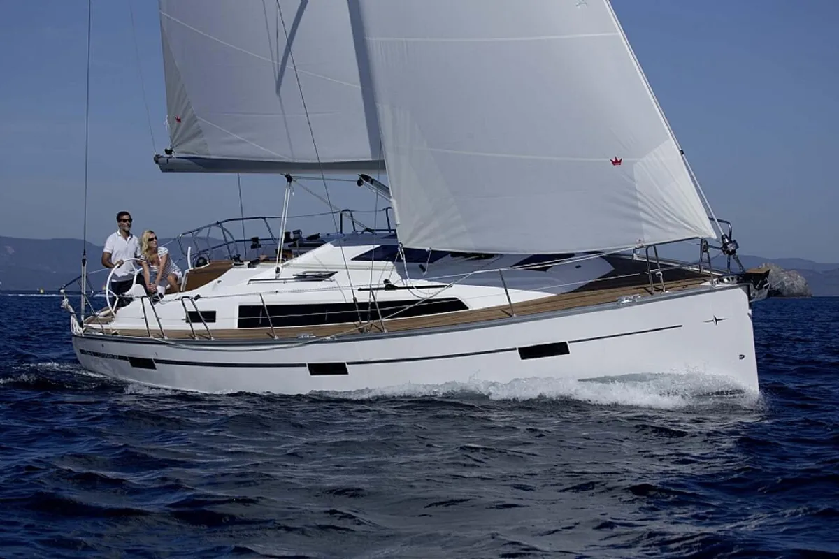 Exterior view of Sayra, a Bavaria Cruiser 37 sailboat at Murter, Croatia