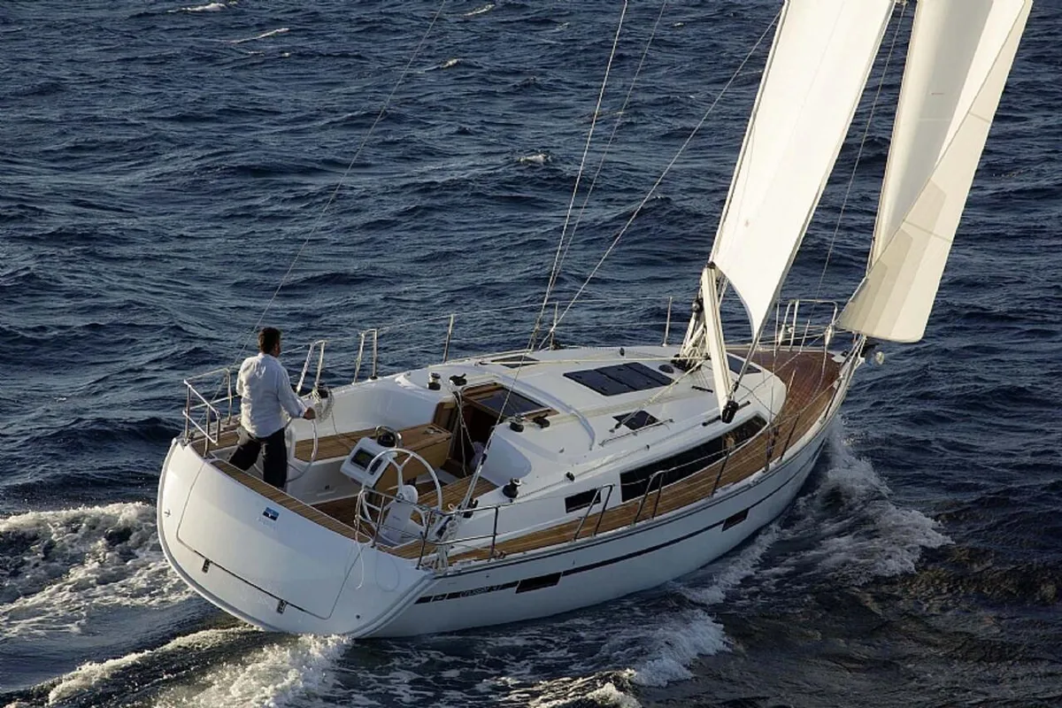 Exterior view of Sayra, a Bavaria Cruiser 37 sailboat at Murter, Croatia